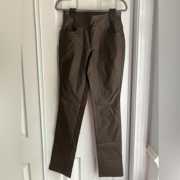 Belle Kim Gravel Pants - BELLE by KIM GRAVEL brown faux leather slacks pants pull on straight leg 6
